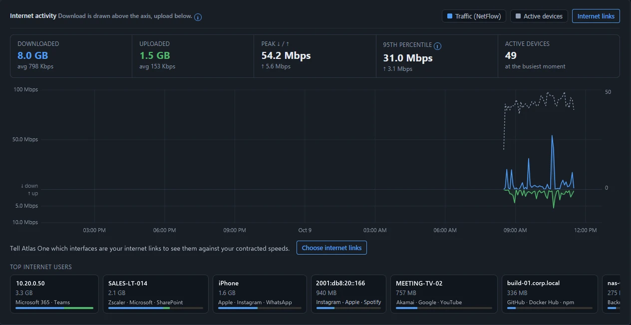 Internet activity: downloaded and uploaded volume, peak, 95th percentile, active devices, traffic over 24 hours and the top internet users