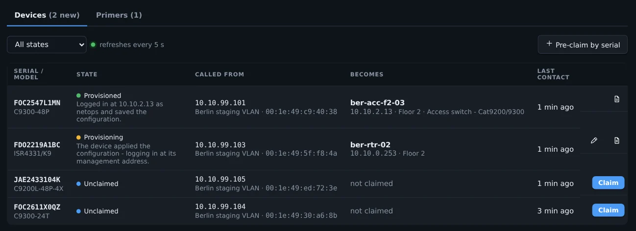Plug and Play: new devices by serial number and model, their state from unclaimed to provisioned, and what each one becomes
