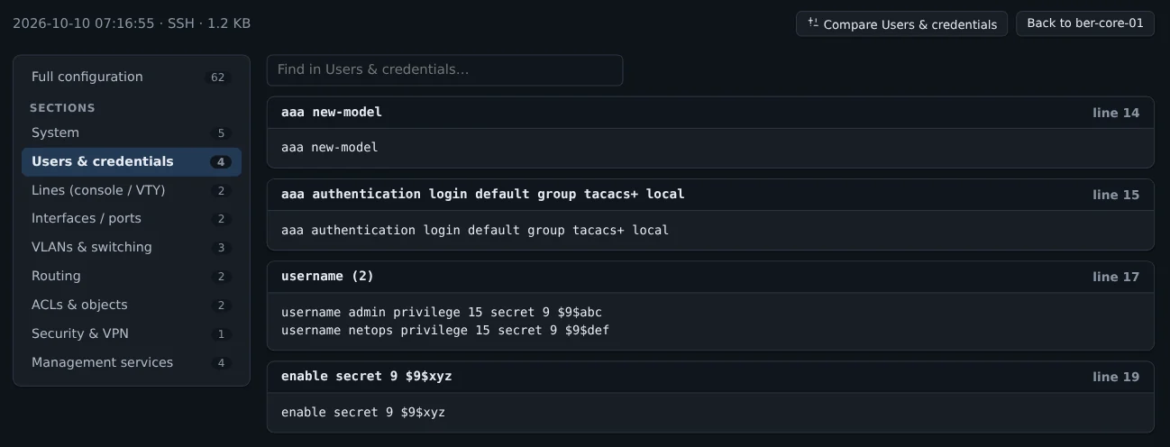 A configuration split into sections, showing the users and credentials section