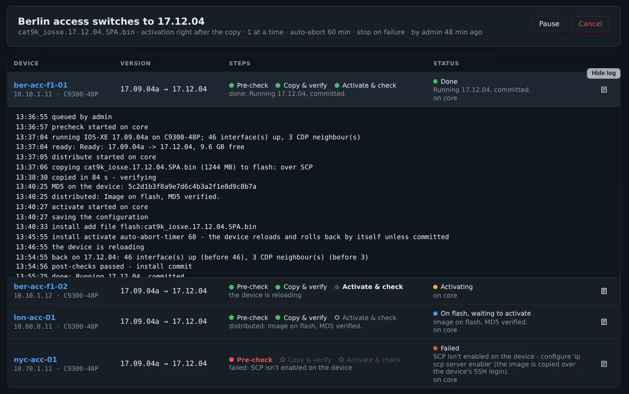 A software update in progress: per device the version before and after, the steps pre-check, copy and verify, activate and check, and the detailed log