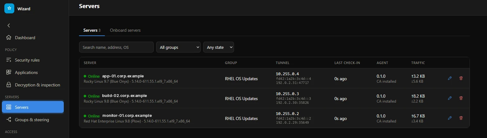 The servers list: three Rocky Linux and Red Hat servers online, each with its group, tunnel addresses, last check-in, agent version and traffic